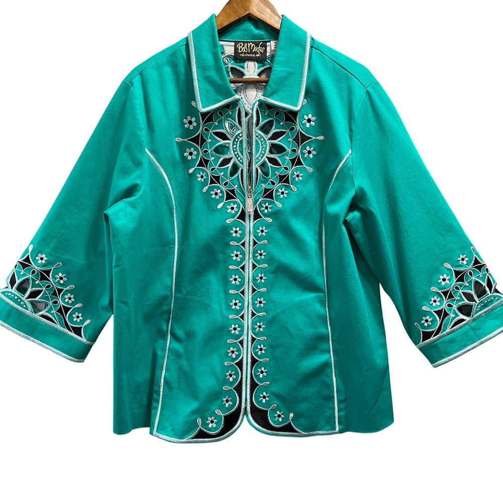 Bob Mackie Wearable Art‎ Jacket Women XL Teal Embroidered Cutout Zip Artsy Boho